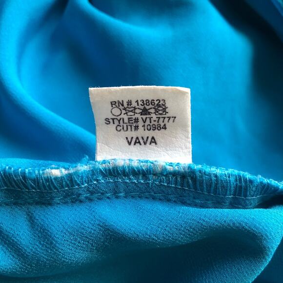 Vava by Joy Han Blue Cold Shoulder Top Pom Pom Trim Blouse Women's Size Small - Picture 8 of 8